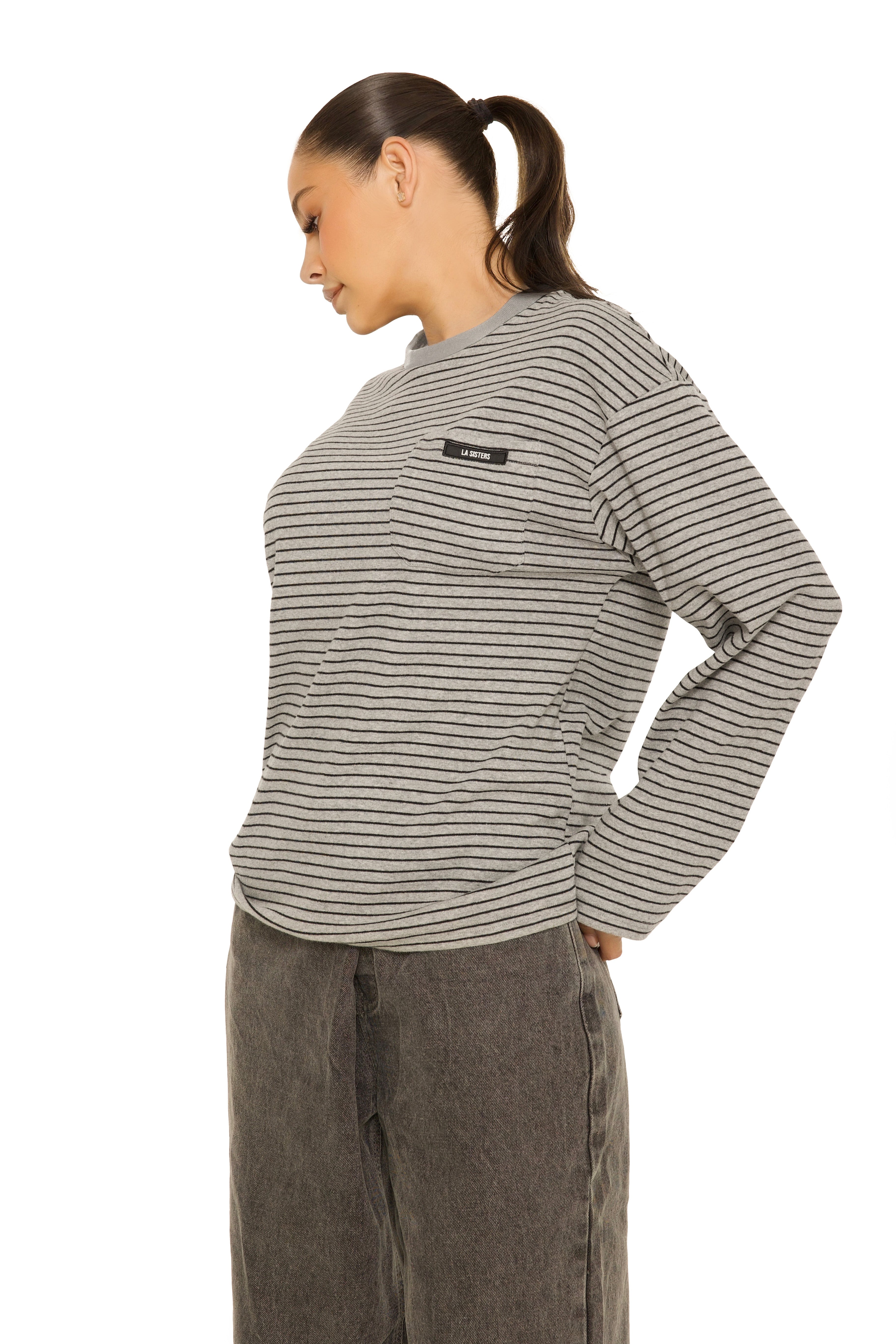 Long Sleeve Oversized Striped Tee Dark grey